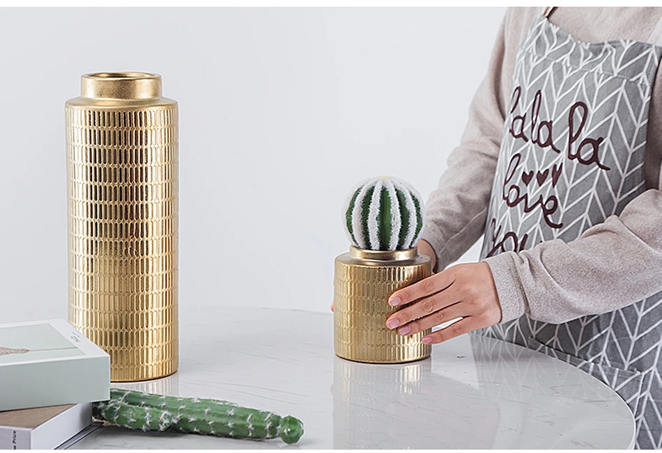 Европейская Золотая керамическая ваза высокого качества металлическое покрытие цветная ваза для цветов Сушеные Цветочные украшения цилиндрические вазы декоративные для дома