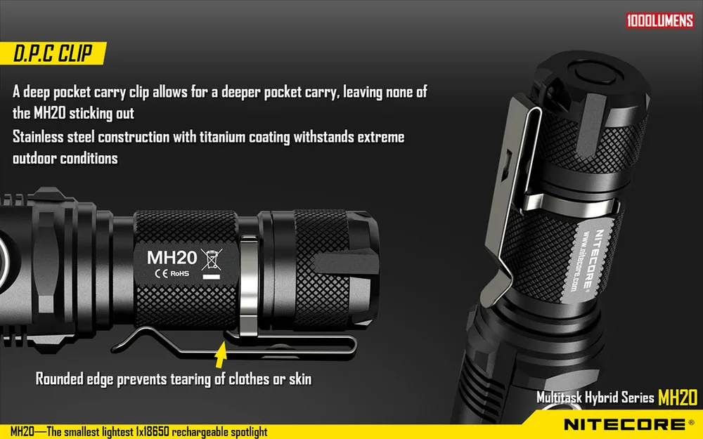 Nitecore MH20 MH20W Портативный фонарик Cree XM-L2 1000 люмен зарядка через usb маленький легкий 1*18650 Кемпинг стороны света