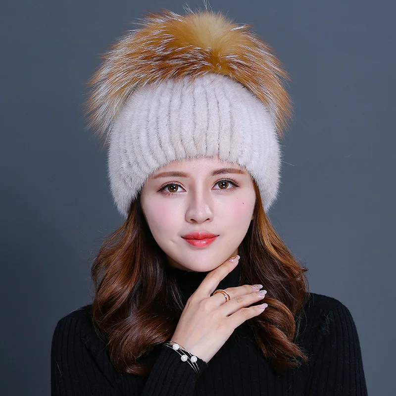 Женская Зимняя Вязаная Шапка бини с помпоном из лисьего меха|pom pom hat|pom hatsmink fur hats |