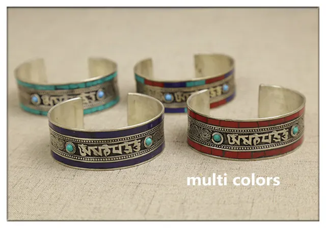 BB-460 Tibetan Mantras Bangles Copper inlaid Colorful Stone Open Cuff OM MANI PAD ME HUM 3
