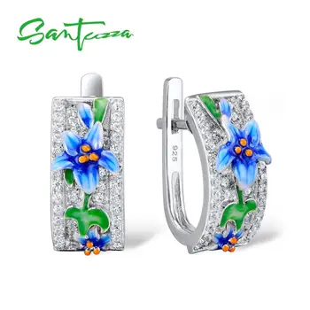 

SANTUZZA Silver Earrings For Women 925 Sterling Silver Blue Flower Cubic Zirconia brincos Jewelry Colorful Enamel Handmade