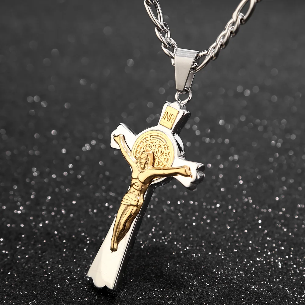 

New Two Tone Gold Linear Cross INRI Crucifix Pendant Necklace gifts for Woman Man