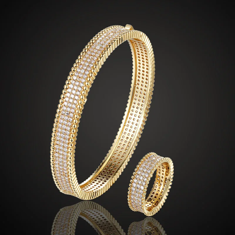 Fateama vankelef brand luxury 3 line AAA zircon micro pave setting bead Bangle with ring jewelry set classic all body bracelet