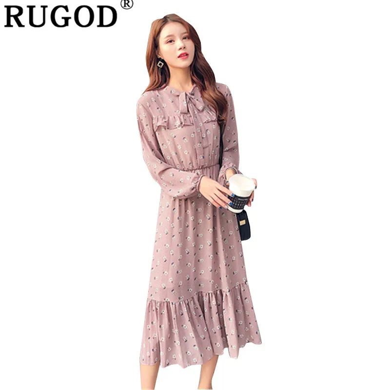 

RUGOD Spring summer Women dress korean style casual Floral printed long dress Bow ruffles Long sleeve ladies office dress vestid