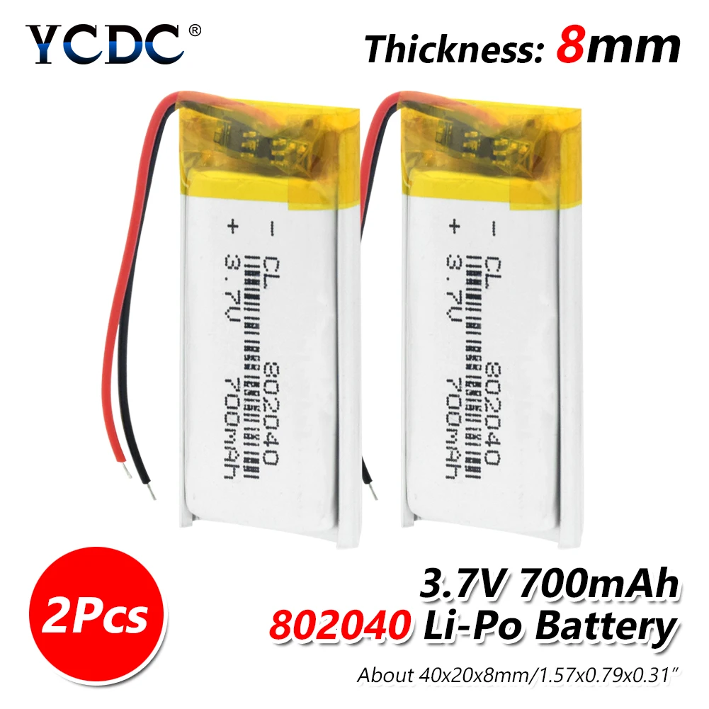 Перезаряжаемые литий-полимерные батареи Li-Po Замена 3,7 V 700mAh 802040 батарея для диктофона MP3 MP4 светодиодный светильник - Цвет: 2 Pcs