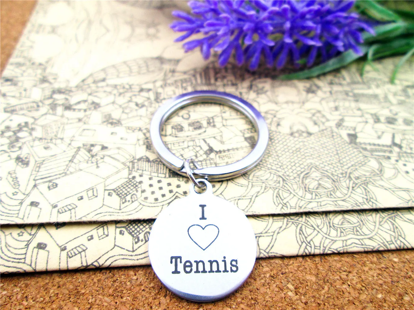 

12pcs/lot 28mm stainless steel keyring with 20mm stainless steel circle round "I love tennis" charms keyring