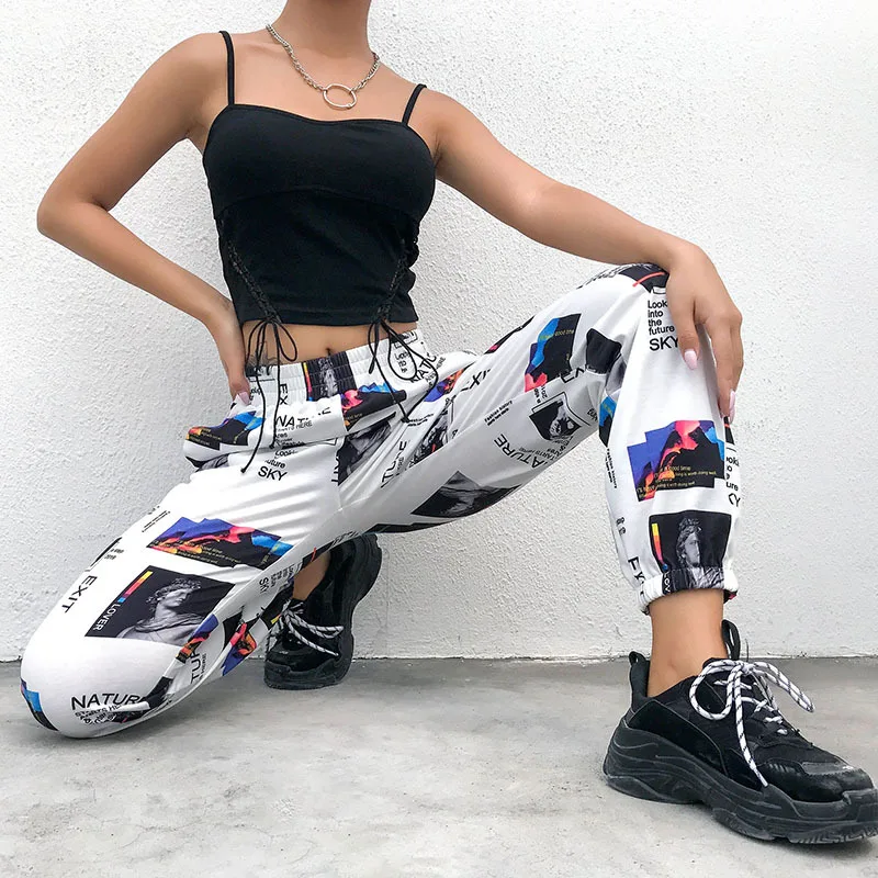 

Fashion Female Hip Hop High Waist Harem Pants Women Cool Graffiti Print Pants Sweetwear Trouser 2019 Women Jogger Trousers Girls