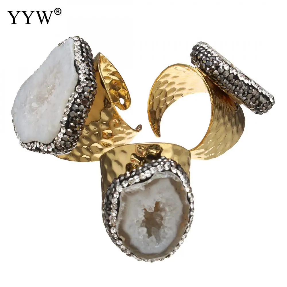 

Ice Quartz Agata Cuff Finger Ring with Rhinestone Clay Pave & Brass gold color natural & style & for man women Sold By PC