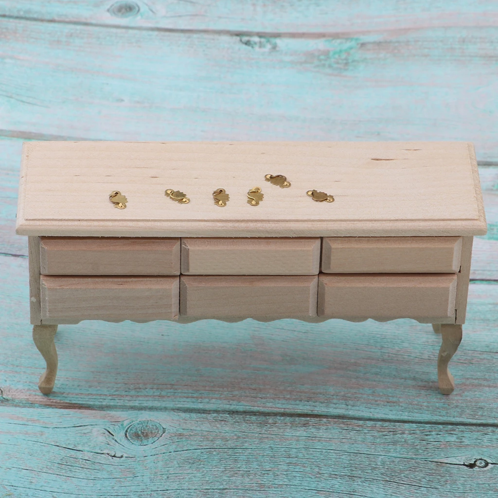 Wood Color Miniature 6 Drawers Table Furniture 1/12 Dollhouse Living Room Garden Decor Dolls House Accessories