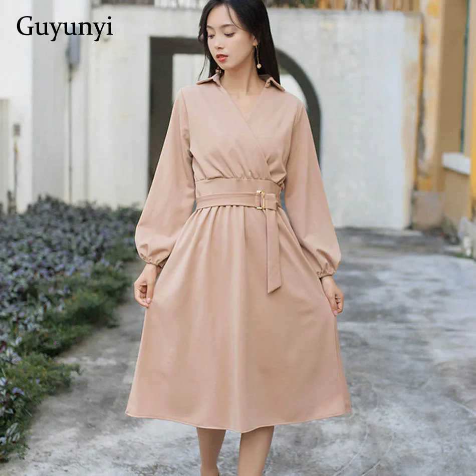 

Elegant Winter Autumn Dress 2018 New Office Dresses For Women Decorative Sashes V-Neck Solid Vintage Vestidos CX1220
