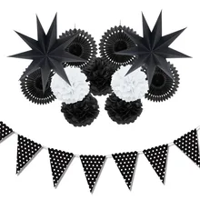 Black White Party Birthday Decoration Kids Adult 12pcs/set With Paper Garlands Fans Star Birthday Graduation Party Supplies Black White Party Birthday Decoration Kids Adult 12pcs/set With Paper Garlands Fans Star Birthday Graduation Party Supplies
