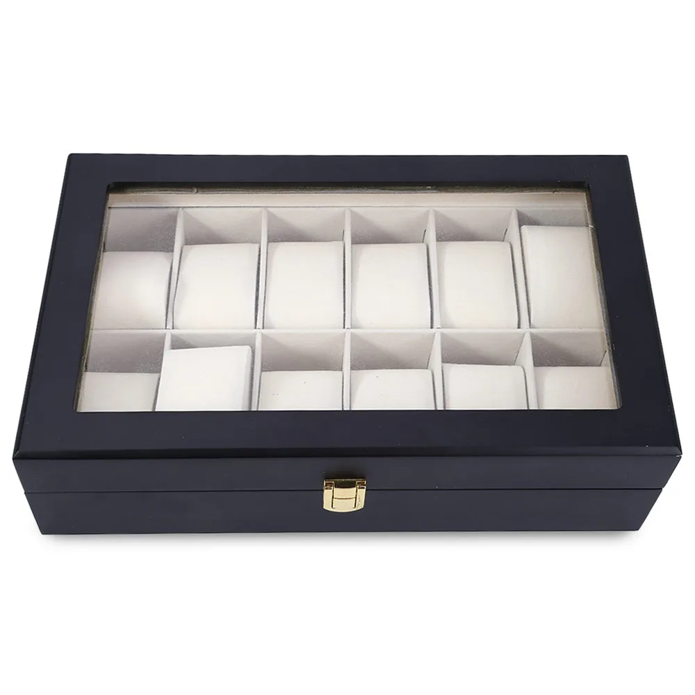 High Quality 12 Slots Elegant Wood Watch Display Case Watches Box Glass Top Jewelry Storage Organizer caixa para relogio 1