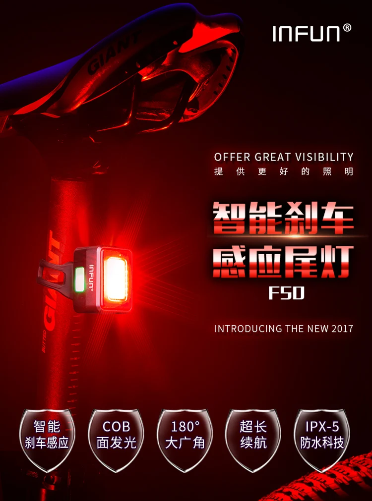 Perfect INFUN Bicycle Rear Light For Bike Automatic Brake Induction Taillight MTB Cycling Charge LED Safety Running Lamp Accessories 0