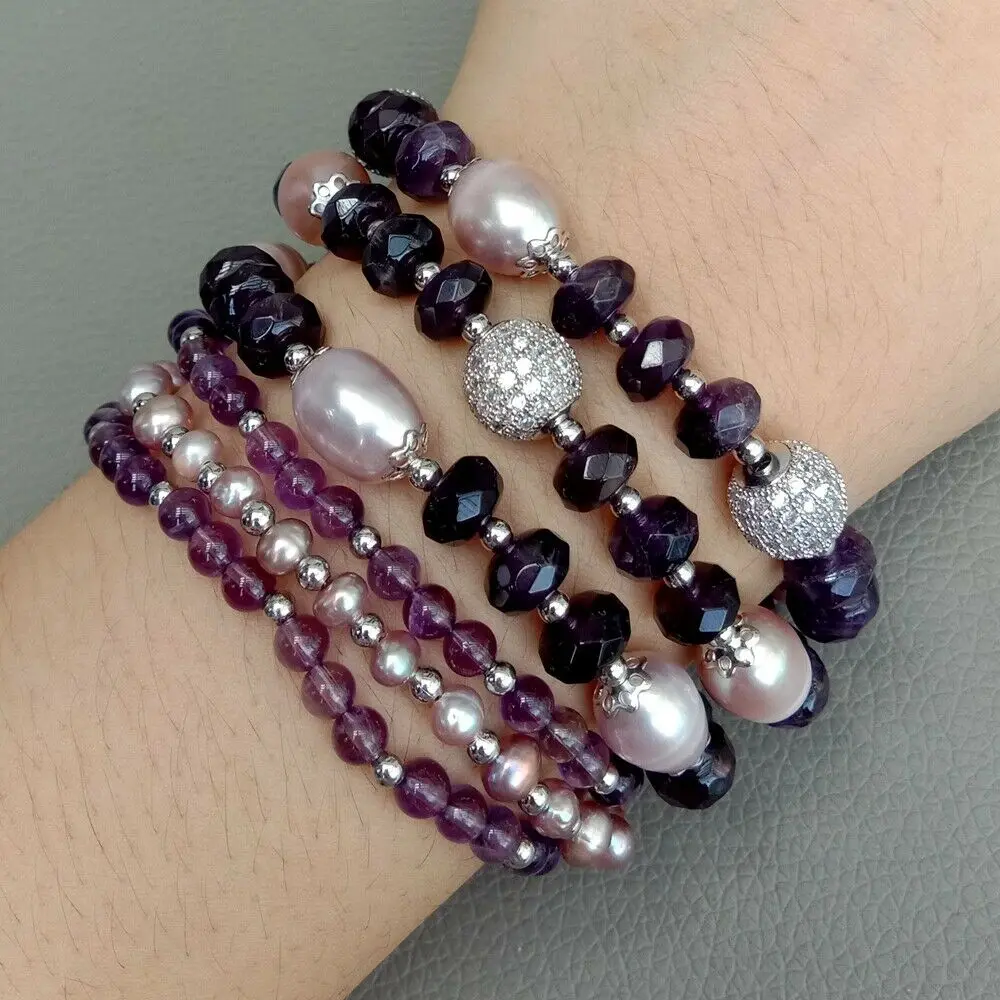 8" 6 Strands Cultured Purple Pearl Ametyst Bracelet