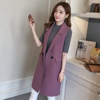 

New Spring Autumn Elegant Women Vest BF Long Vest Coat Chaleco Mujer Sleeveless Waistcoat Office Blazer Vest Jacket Female C5174