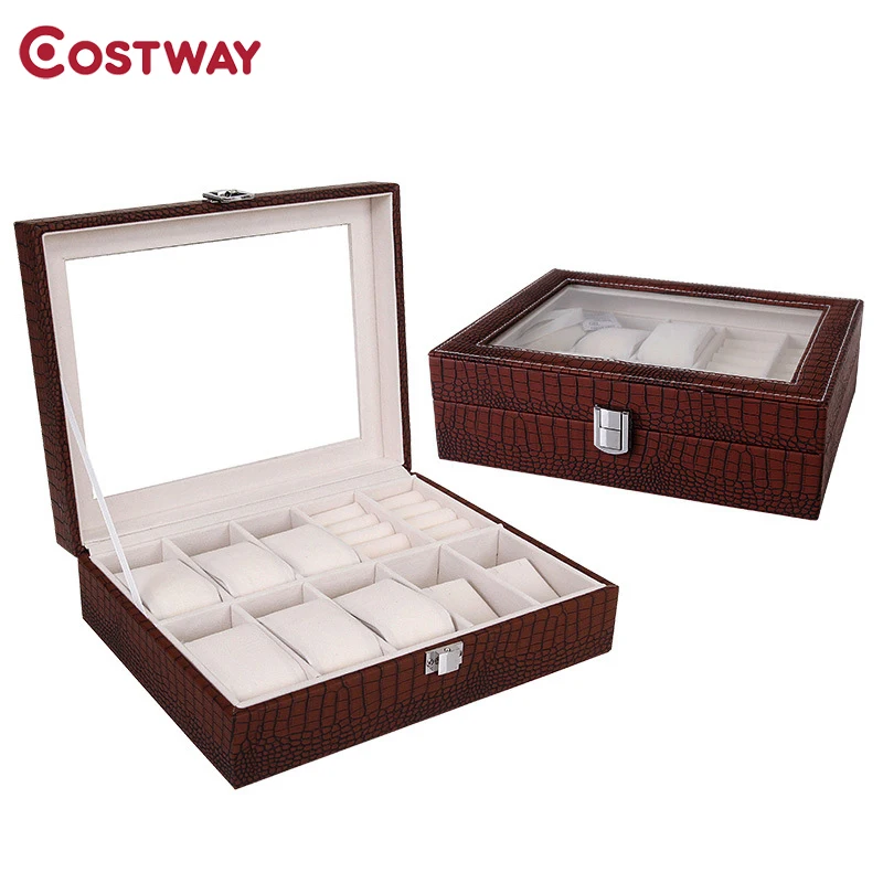 

COSTWAY Fashion Watch Box Jewelry Storage Box Organizer Drawer Type Ten-seat Watch Display Box Faux Leather Box W0474