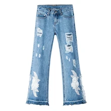 На лето и весну модные женские туфли вышивка высокая талия рваные кисточкой расклешенные джинсы брюки для девочек, женщина планка цветок