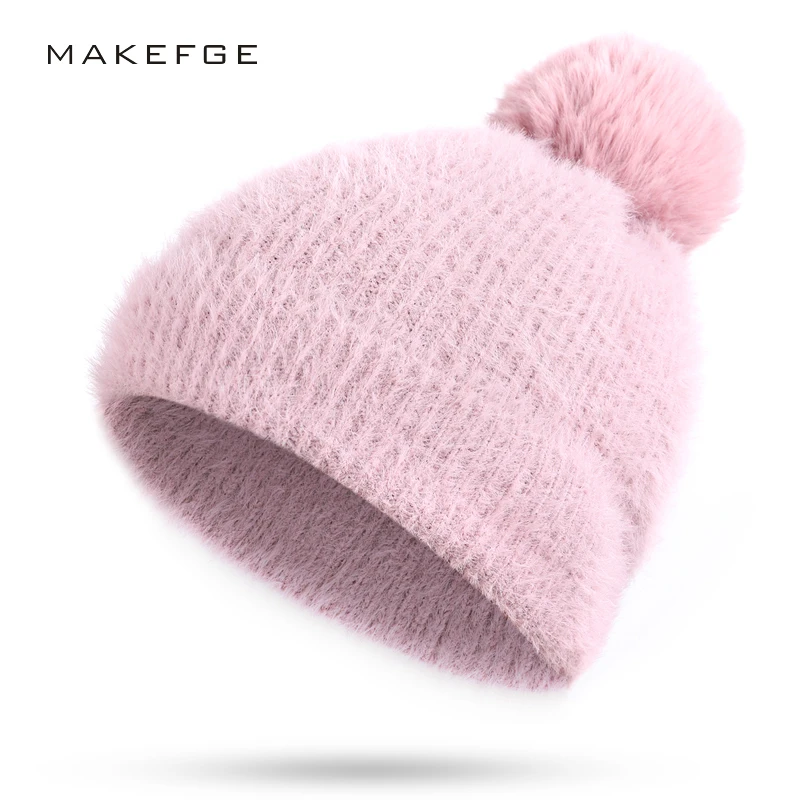 Новинка, женские осенние и зимние вязаные хлопковые шапки, теплые и удобные шапки унисекс из кроличьего кашемира, Лыжные шапки, Модные Меховые помпоны