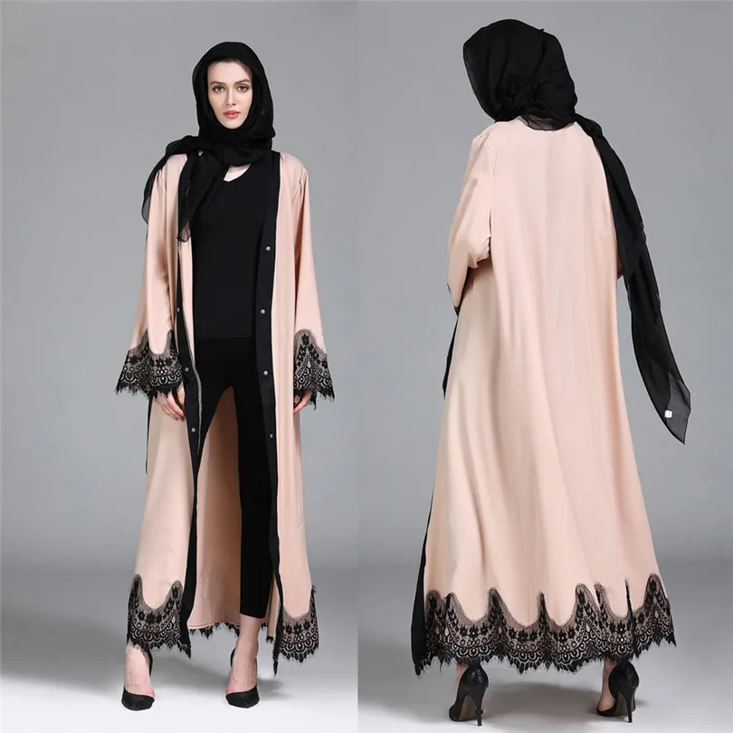 New Muslim Women Islamic Clothing Lace Splicing Long Coat Middle East Long open Abaya Robe Kaftan Dubai #4F08 (1)