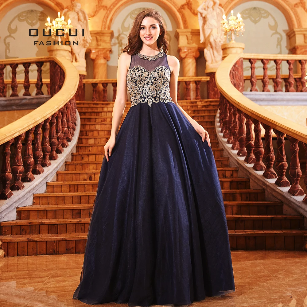 

Navy Blue Prom Dresses 2019 New O Neck Gold Lace Crystal vestido de festa longo Backless Princess Dress Party Gowns OL103278