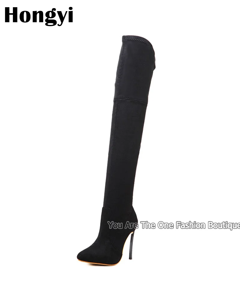 Зимние сапоги Сапоги выше колена из искусственной кожи Тонкий Высокий каблук Сапоги-гладиаторы Для женщин большой Размеры вечерние Bota реальное изображение