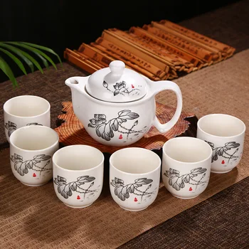 

Hand-painted lotus map ceramic teaset, 7 pcs Kung Fu teapot teacup, simple home coffee tea accessories