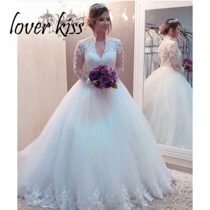 

Lover Kiss Vestido De Noiva High Neck Long Sleeve Ball Wedding Dress Plus Size For Women Tulle Lace Arabic Wedding Gowns Muslim