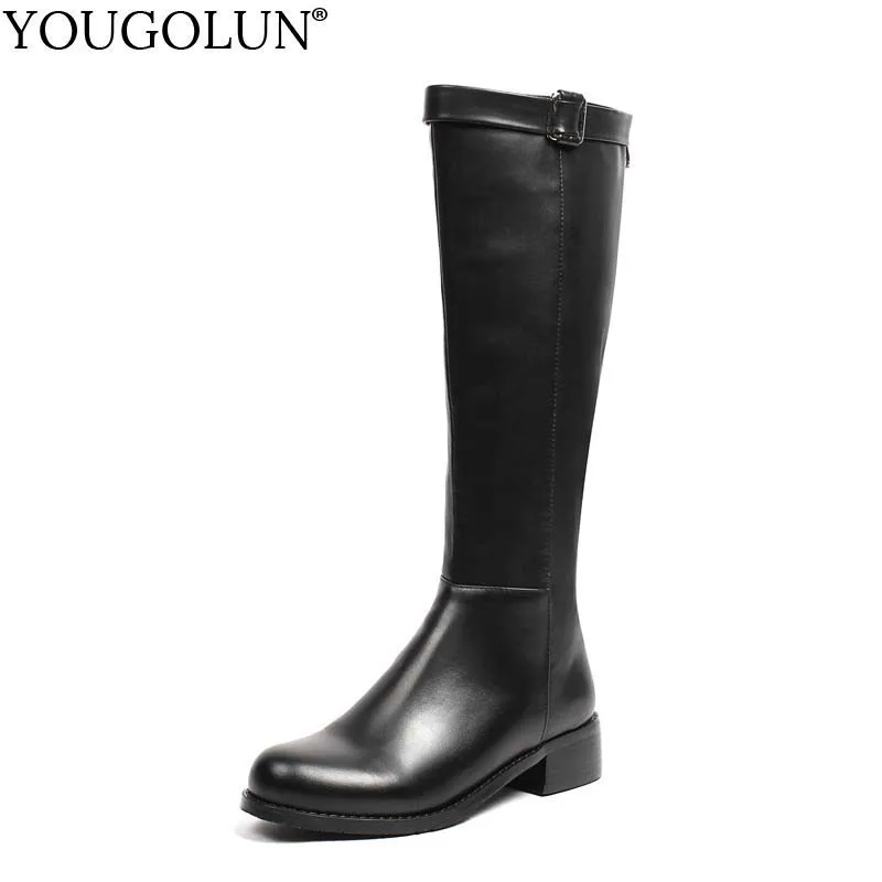 

YOUGOLUN Women Genuine Leather Knee High Boots Ladies New Winter Mid Square Heels 4cm Woman Round Toe Black Riding Shoes #B196