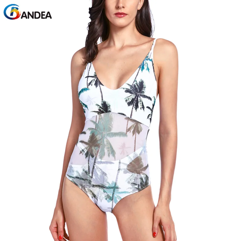 

BANDEA one piece swimsuit sexy swimwear women coconut tree print swimsuit cut out bathing suit mesh swim wear padding bodysuit