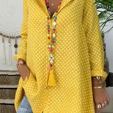 Женская рубашка в горошек с v-образным вырезом размера плюс, топы с длинным рукавом, женские свободные блузки, топы