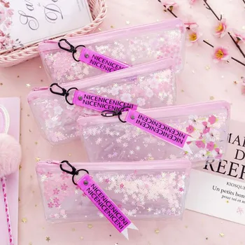

1pc Pencil Case Sakura Pen Bag Simple Oil Transparent Ribbon Pencil Bag Student Storage Stationery Bag Finishing School Supply
