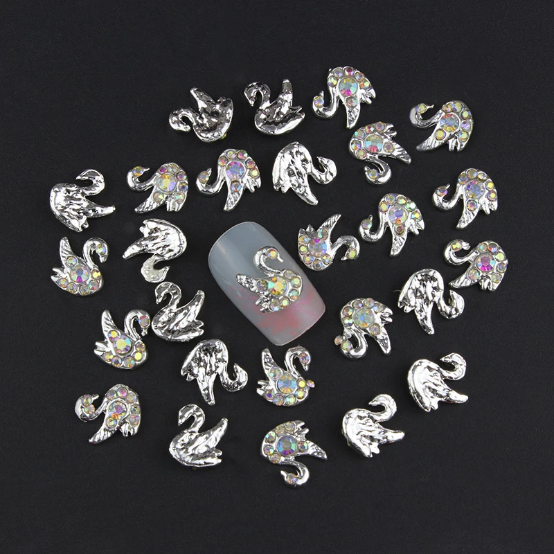 10 Pcs/Lot 3D Beauty Swan Design Stud Supplies Crystal AB Rhinestones For Manicure DIY Charms Nail Art Decorations TN925