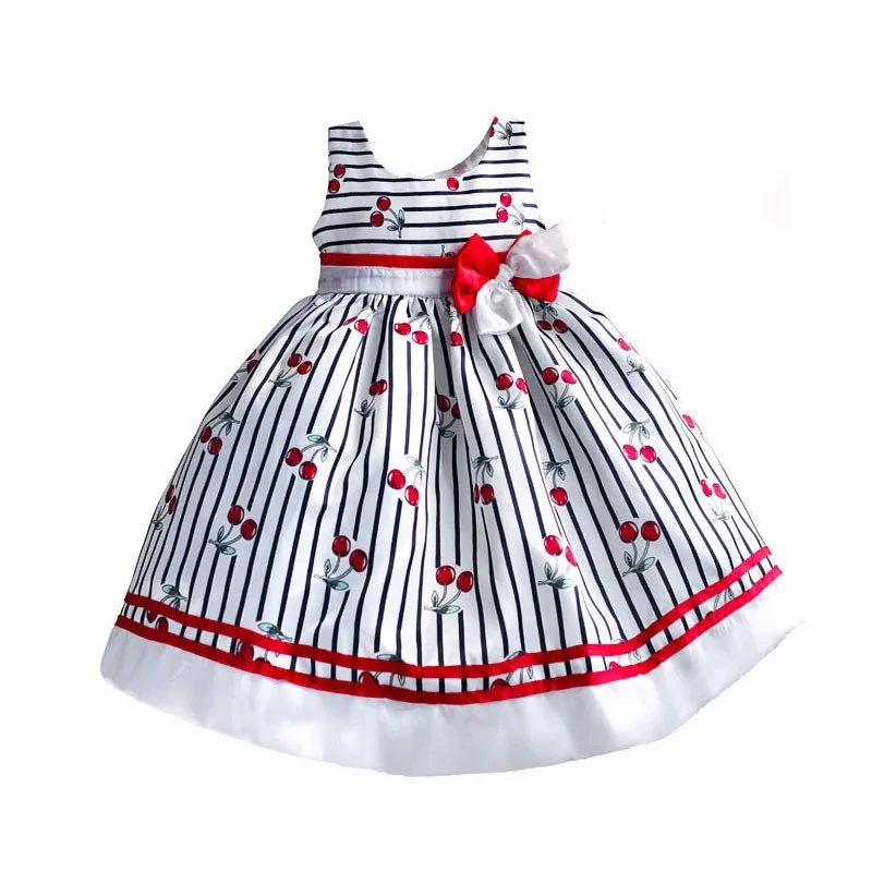 Модный принт нарядное платье для девочек детские полосатые платья с рисунком вишни для девочек платье с бантиком roupas infantis menina размеры от 3 до 8 лет