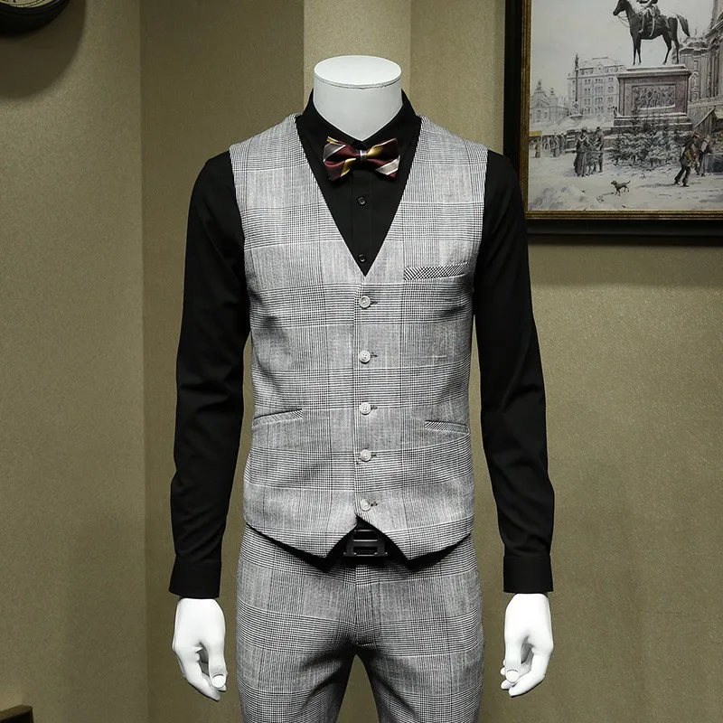 England Style White And Black Plaid Business Gentleman Blazer Suit Vintage Double Breasted Wedding Dress Smart Casual 3Pcs Sets