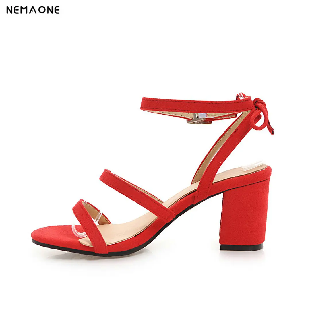 NEMAONE New women sandals woman buckle summer shoes thick high heels flock women shoes large size 34-43