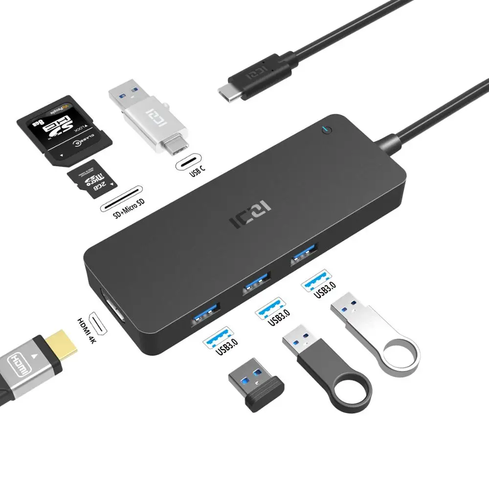 ICZI 7 في 1 USB C محور نوع C إلى 4 K HDMI ميناء 3 USB ميناء SD مايكرو قارئ البطاقات SD PD محول لأجهزة الكمبيوتر المحمول ماك بوك برو 2018
