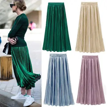 

Maxi Skirt Waist Foldover Solid Long Lightweight Rayon Spandex Regular Plus Lady Pleated Skirt