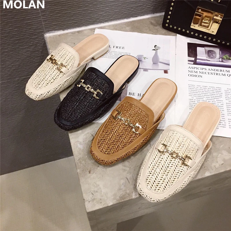 

MOLAN Brand Designers 2019 New Fashion Luxury Metal Chain Cane Slippers Flat Slides Slip On Loafers Mules Flip Flops SIZE 35-40
