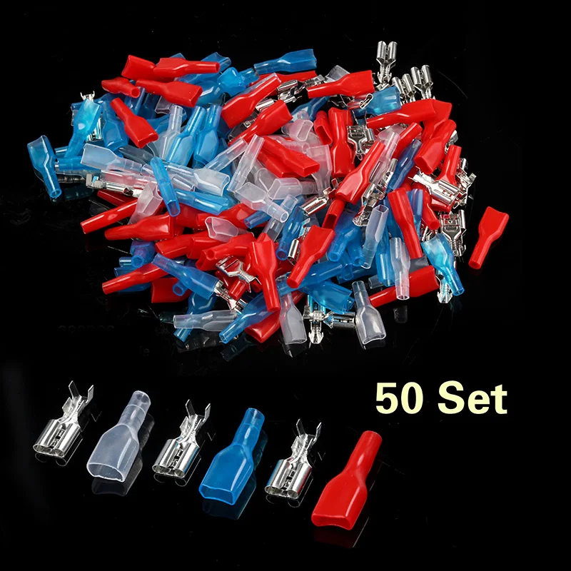 

100PCS 6.3mm Crimp Terminal 50 Female Spade Connector +50 Case Seal Electrical Wire Connectors Crimp Terminal Set