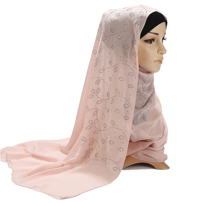 Новинка, Модный женский шифоновый шарф с пузырьками и стразами, шарф с жемчугом, хиджаб, шали, палантины, сплошной цвет, мусульманский хиджаб