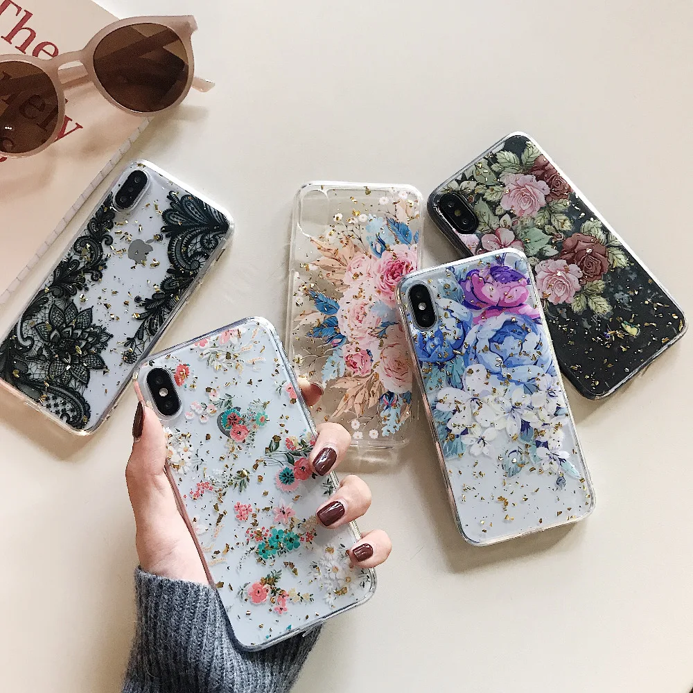 Qianliyao чехлы для телефонов с золотыми цветами из фольги iphone 12 X XS Max XR 8 7 6S 6 Plus тонкий