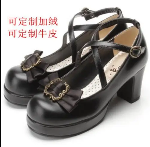 Туфли Лолиты из искусственной кожи на высоком каблуке в японском ретро-готическом стиле; обувь для костюмированной вечеринки; туфли-лодочки с бантом - Цвет: Черный