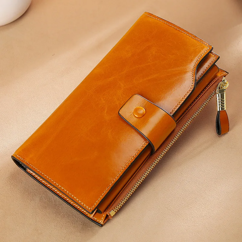 

RFID Protection Genuine Real Leather Women Vintage Long Clutch Wallets Oil Wax Cowhide Zipper Coin Purse Mobile Phone Wallets