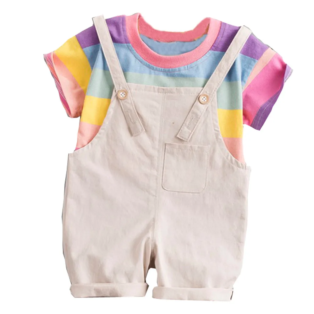 MUQGEW/детская одежда Комплекты одежды для мальчиков и девочек топы в радужную полоску для маленьких мальчиков, футболка комплект со штанами на бретелях