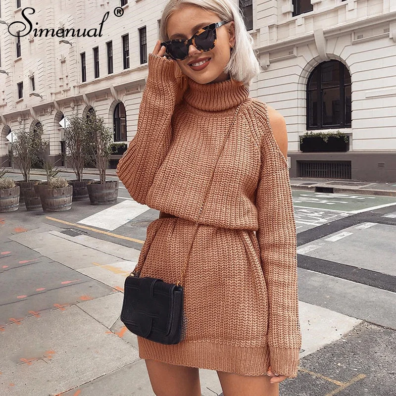 

Simenual Turtlenecks sweater dress with open shoulder 2018 autumn winter long sleeve short dresses for women straight vestidos