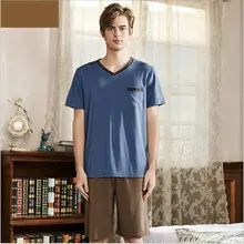 Лето, плюс размер, комплекты из двух предметов, мужские повседневные пижамные комплекты, модальный хлопковый пижамный комплект, Мужская футболка с v-образным вырезом и укороченные штаны