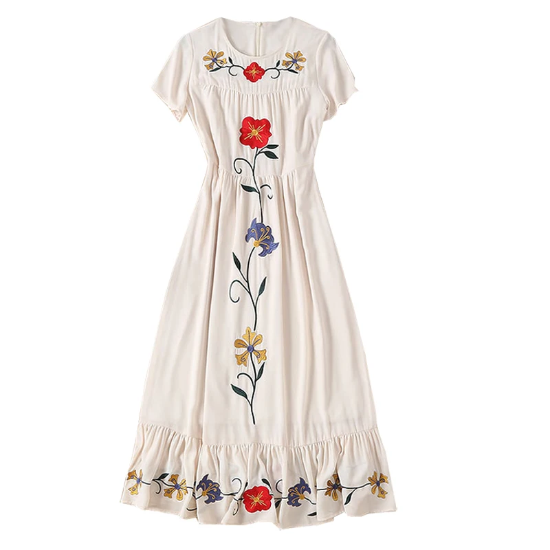 Vestido Longo прибытие ТРАПЕЦИЕВИДНОЕ однотонное украинское платье Летнее модное шоу высокого класса темперамент вышивка с коротким рукавом женский