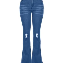 Модные стрейч высокой талией женские расклешенные джинсы Рваные винтажные джинсовые широкие расклешенные джинсы корейские черные Синие рваные расклешенные брюки