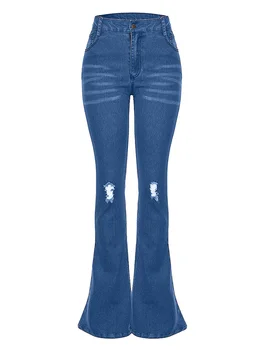 

Fashion Stretch High Waist Women Flare Jeans Pants Ripped Vintage Denim Wide Leg Flared Jeans Korean Black Blue Hole Flare Pants