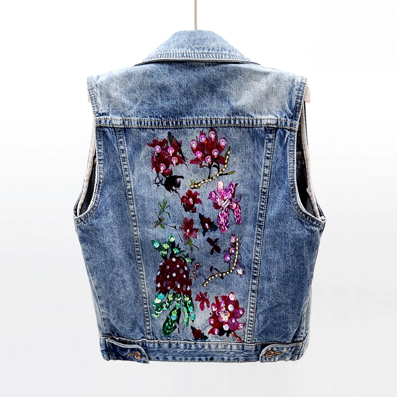 

Sequin Print Denim Vest Women Short Waistcoat Vintage Spring Summer Big size Casual Single Breasted Jeans Vest Sleeveless Jacket